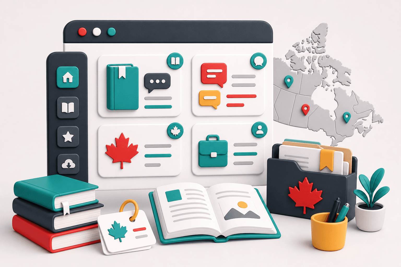 Illustration d'une bibliothèque de ressources avec livres, fiches et contenu Canada